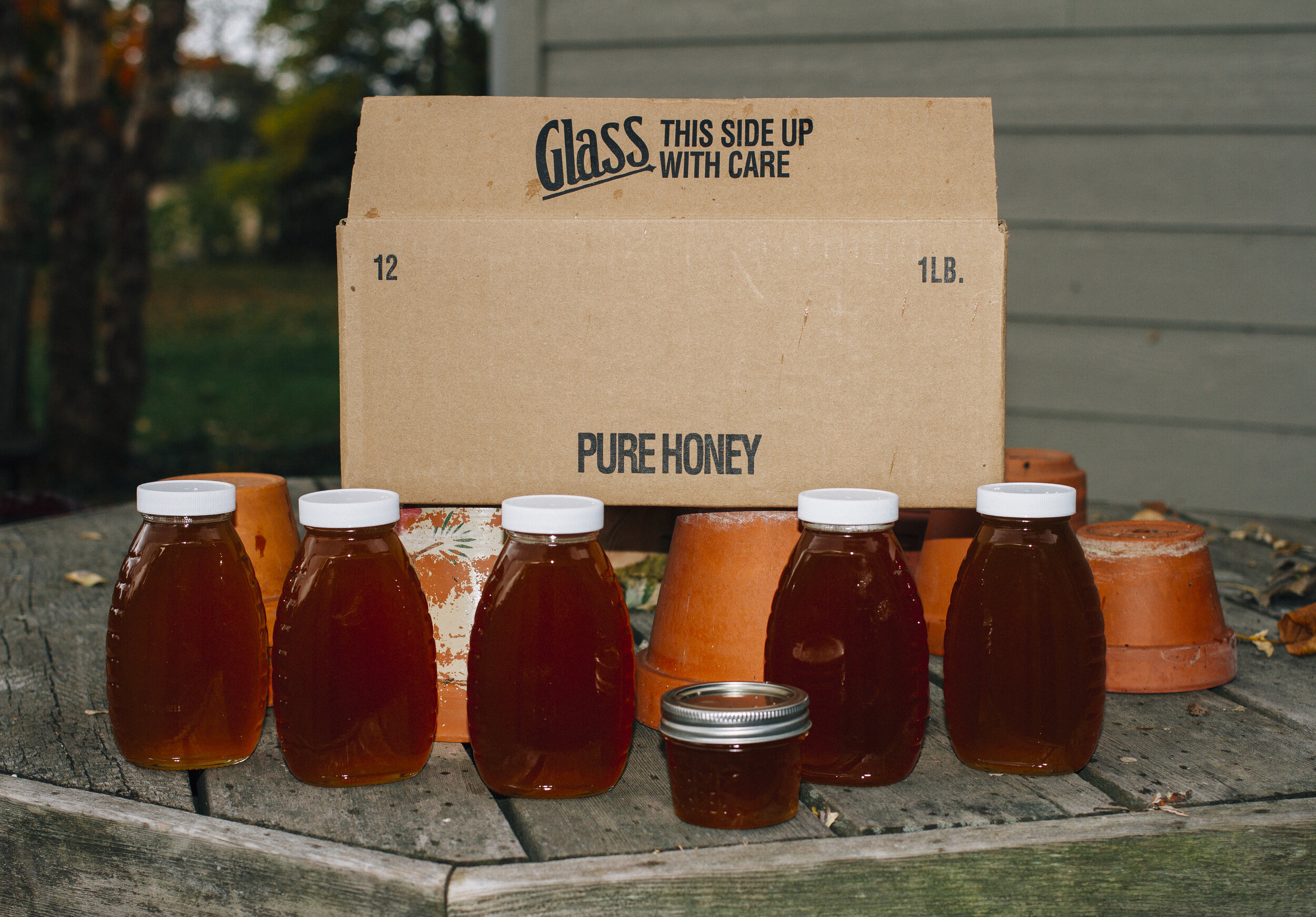 Bottles of pure honey displayed on a wooden table, with a cardboard box labeled "Pure Honey" in the background, surrounded by terracotta pots.