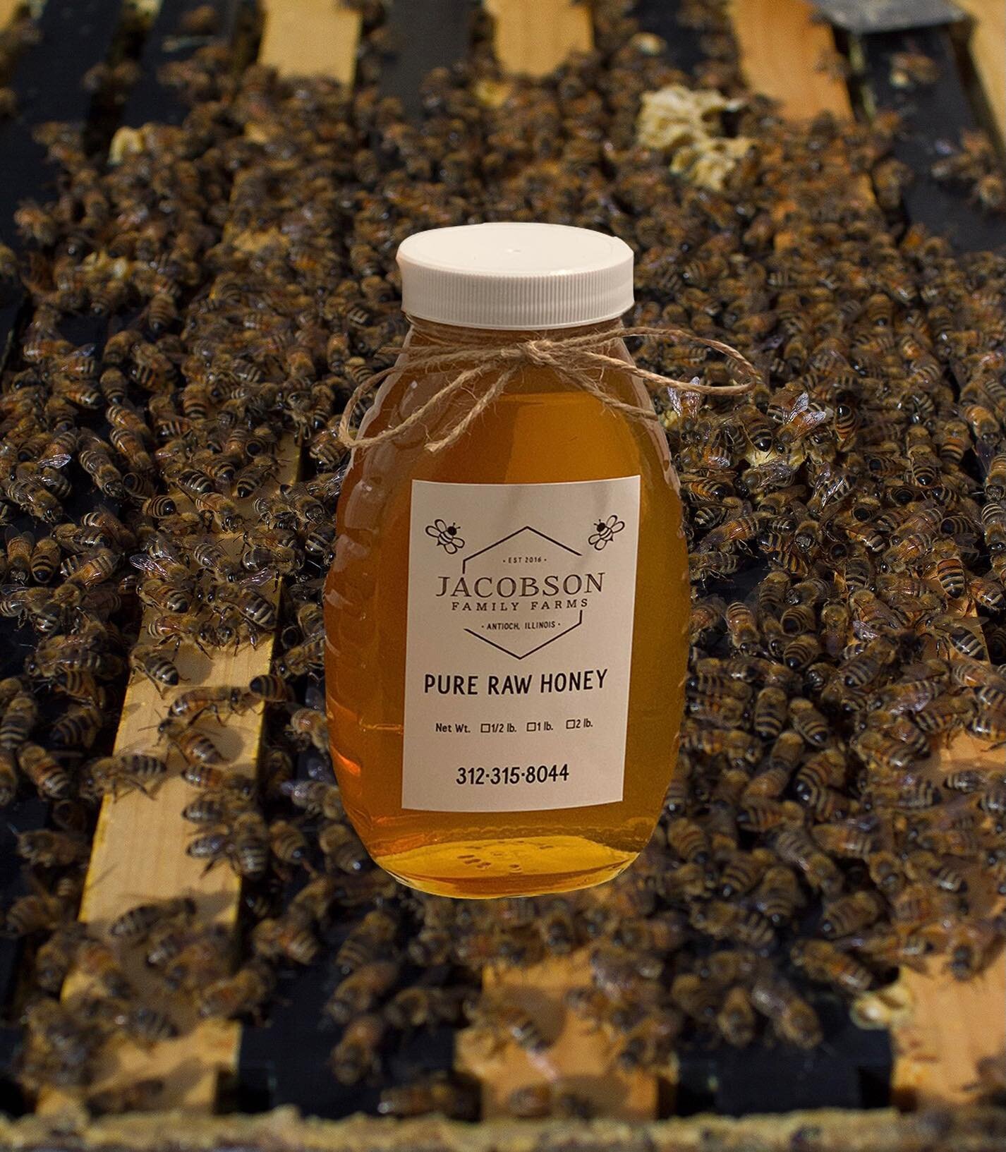 image-asset - 2026-07-23T084243.290 Bottle of pure raw honey from Jacobson Family Farms surrounded by bees on wooden hive frames, highlighting natural beekeeping and local honey production in Antioch, Illinois.